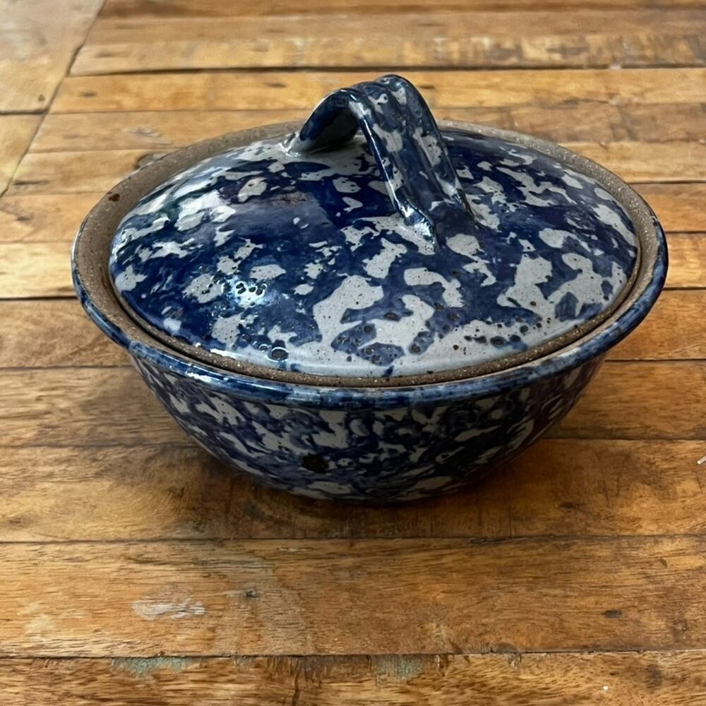1992 Bastine Pottery Casserole Lidded Dish Blue Stoneware Signed Vintage